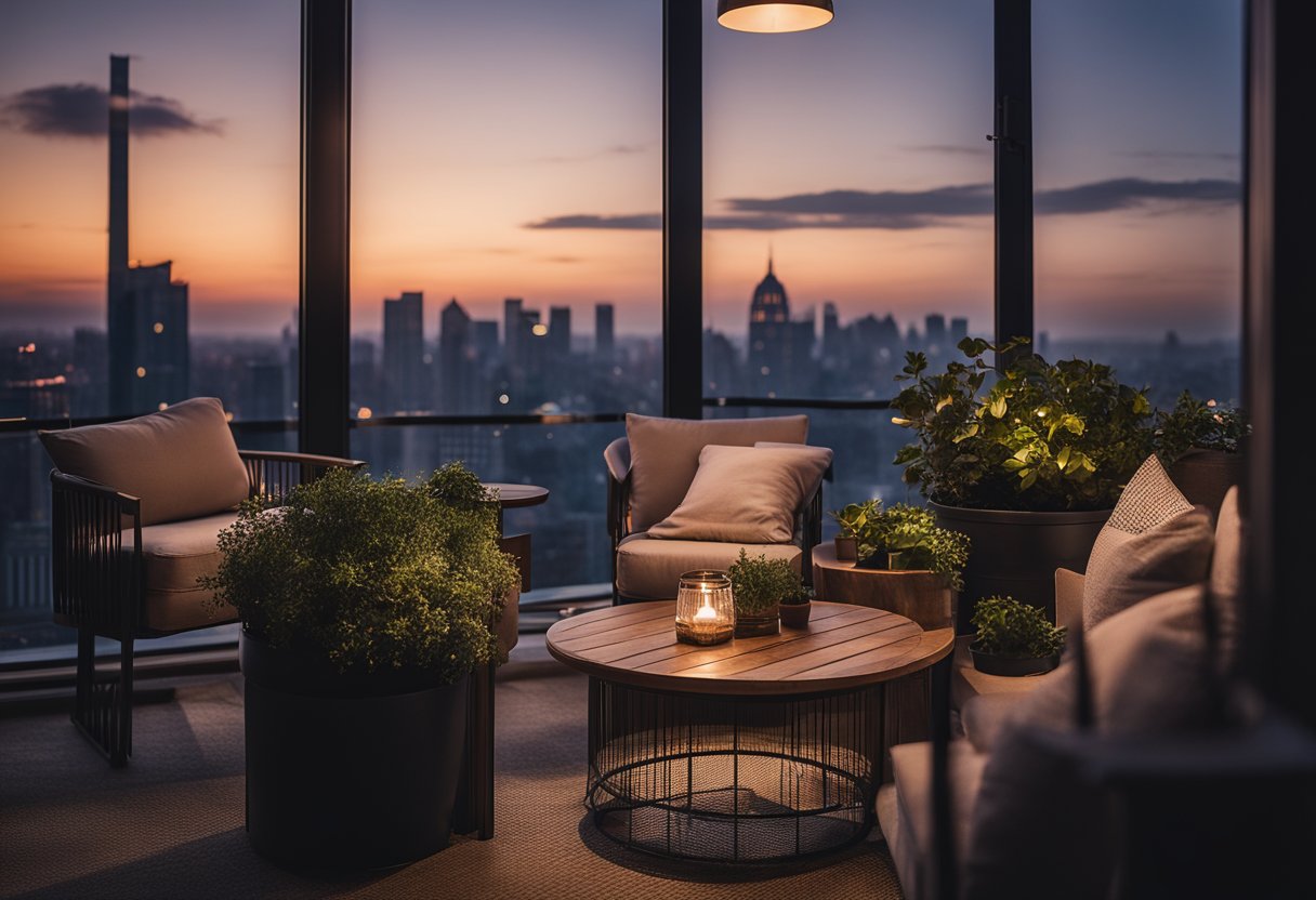 A cozy balcony living room with a small coffee table, potted plants, and comfortable seating, overlooking a city skyline at dusk
