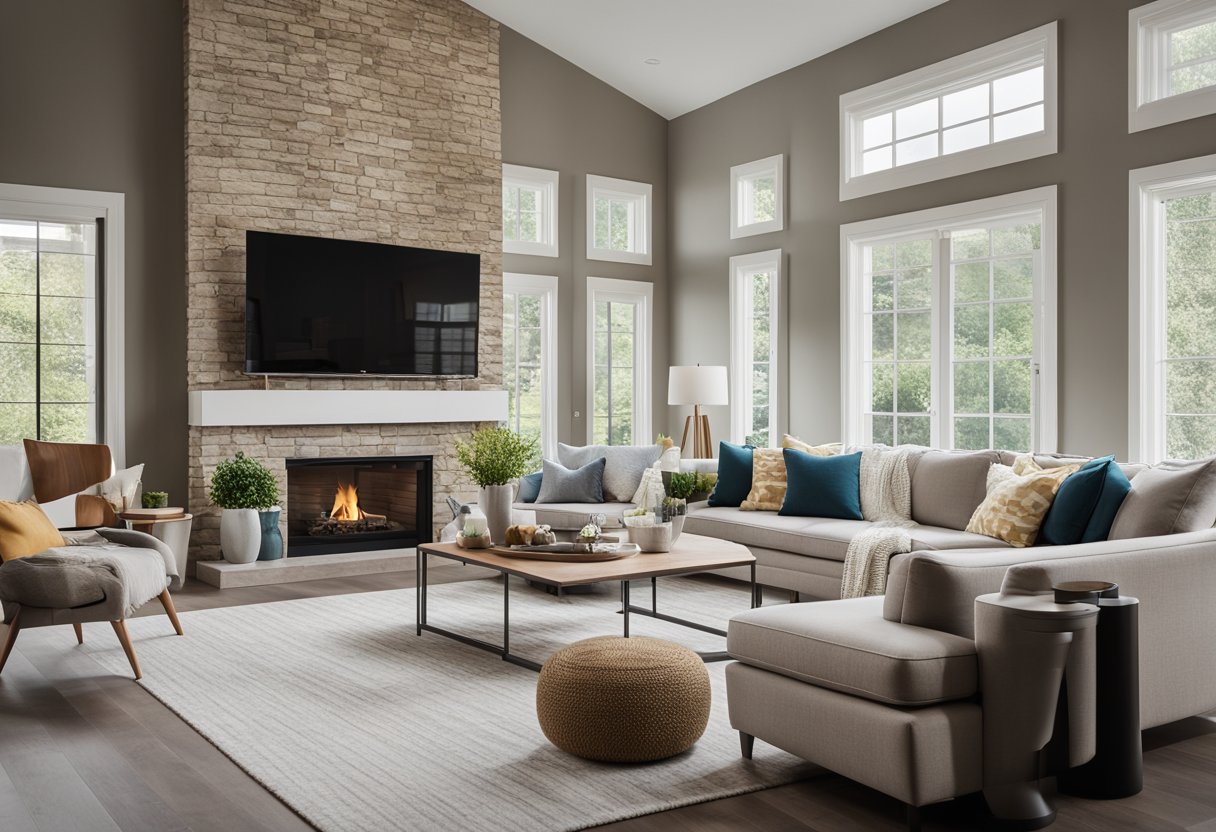 A spacious living room with modern furniture, a large window with natural light, and a cozy fireplace. The color scheme is neutral with pops of color in the decor