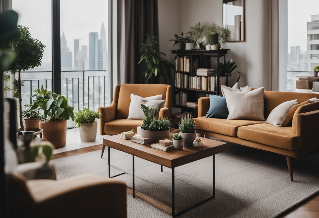 A cozy living room balcony with stylish furniture, potted plants, and a city view. A bookshelf filled with books and decorative items adds a touch of personality to the space