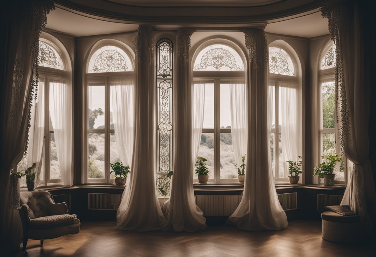 Two side windows frame a cozy bedroom with ornate curtains and decorative details, creating an aesthetically enhanced space