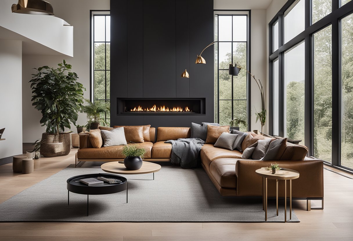 A spacious living room with modern furniture, large windows, and a cozy fireplace. The room is filled with natural light and adorned with tasteful decor