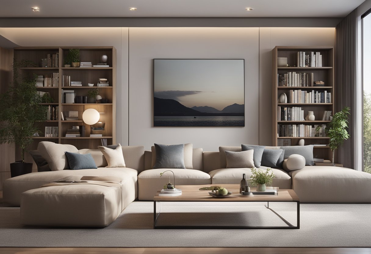 A modern living room with sleek furniture, neutral color scheme, and ample natural light. A bookshelf lines one wall, while a cozy seating area faces a large window