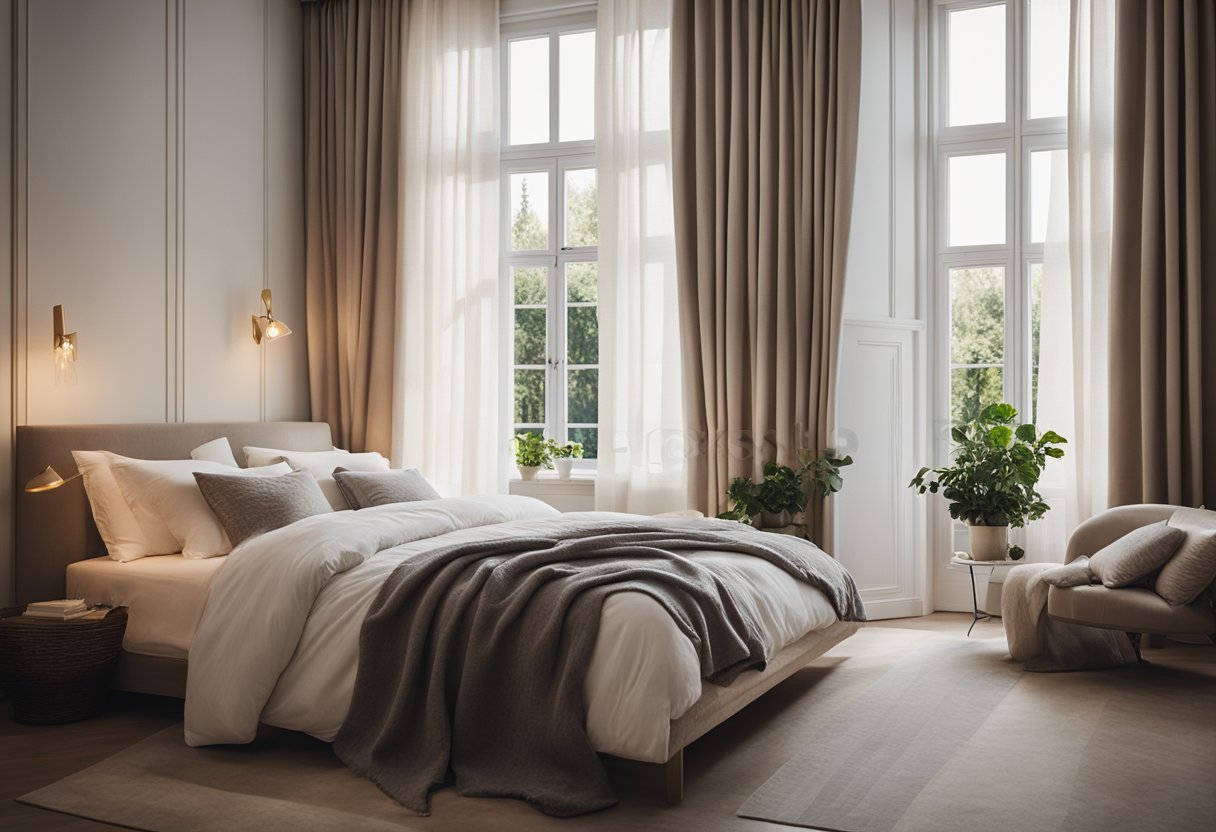 A cozy bedroom with two large windows, one on each side of the room. The windows are adorned with elegant curtains, letting in soft natural light