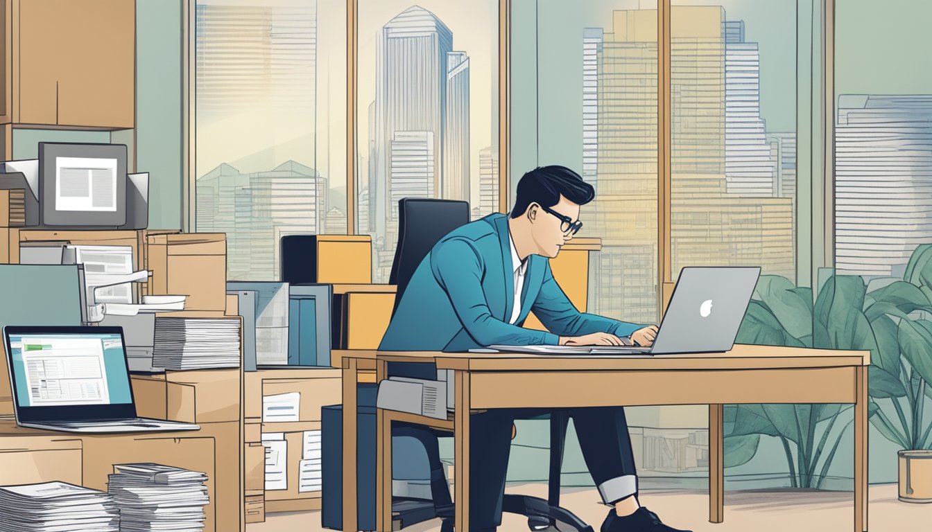 A person sitting at a desk, surrounded by paperwork and a computer, managing and repaying a bank loan for a business start-up in Singapore
