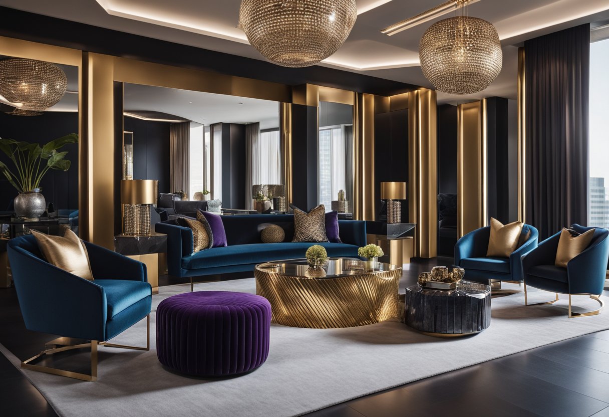 A sleek, geometric room with bold, metallic accents and luxurious, streamlined furniture. The space is adorned with angular patterns, mirrored surfaces, and a mix of rich, jewel-toned colors