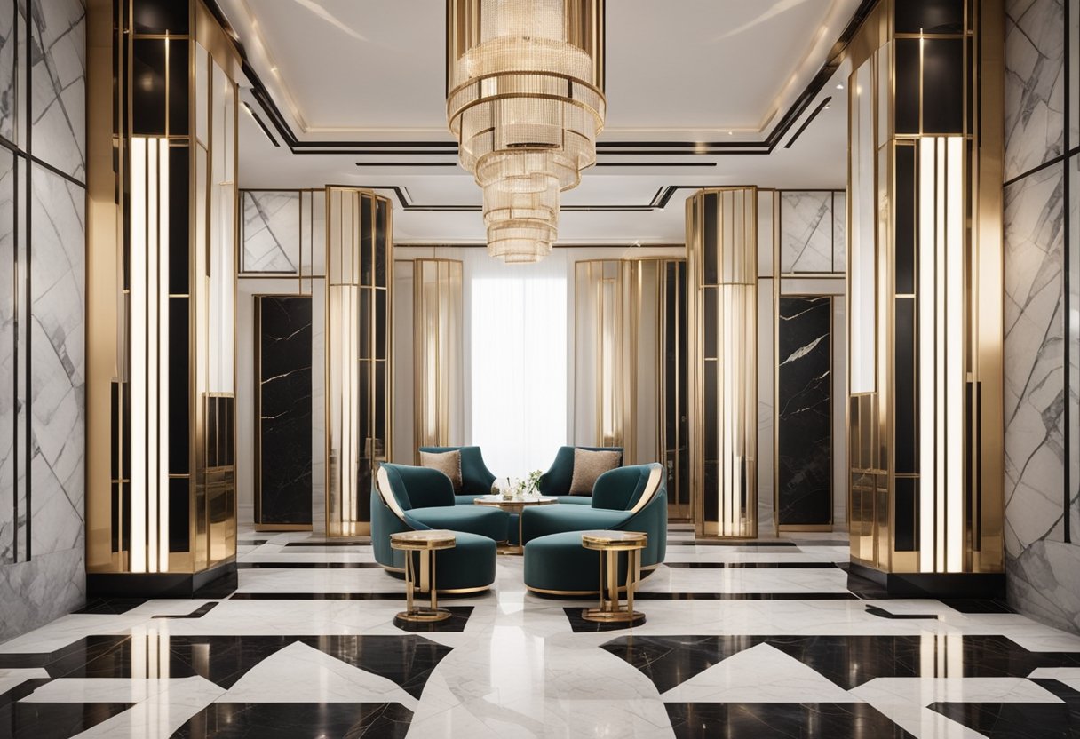 A sleek, minimalist modern art deco interior with geometric patterns, metallic accents, and luxurious materials like marble and velvet