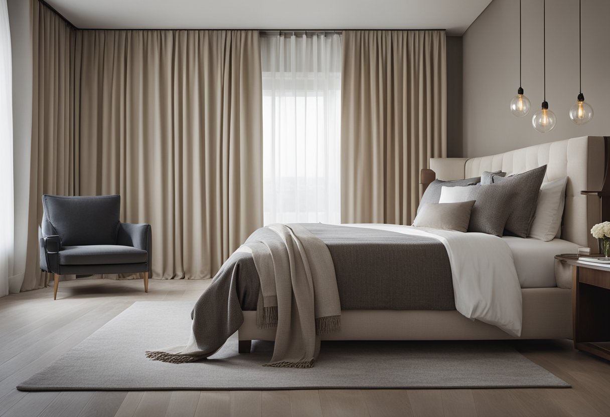 A bedroom with modern curtains in soft, neutral colors, featuring sleek design and elegant drapery