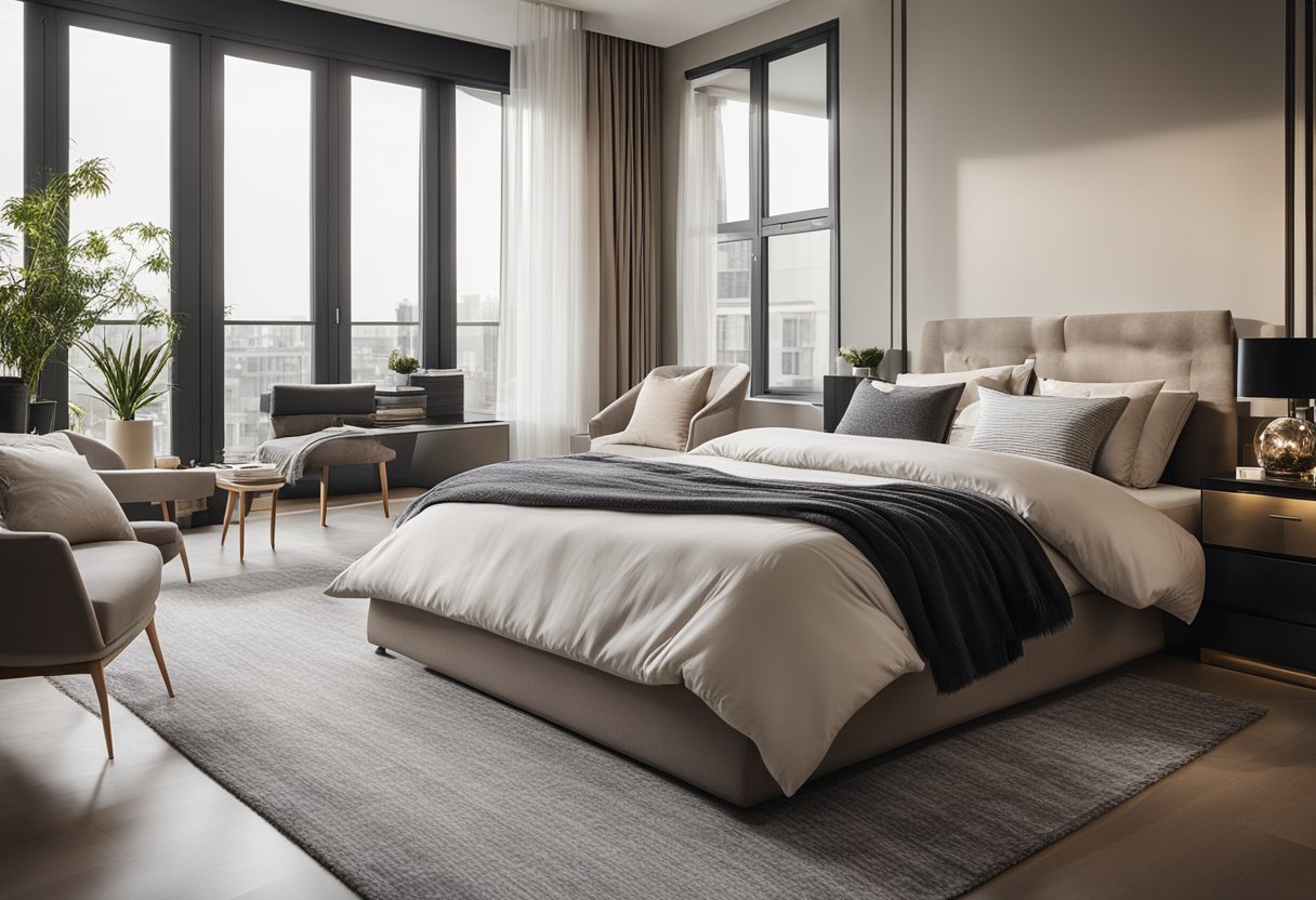 A bedroom with modern furniture, large windows, and stylish curtains in soft, neutral colors