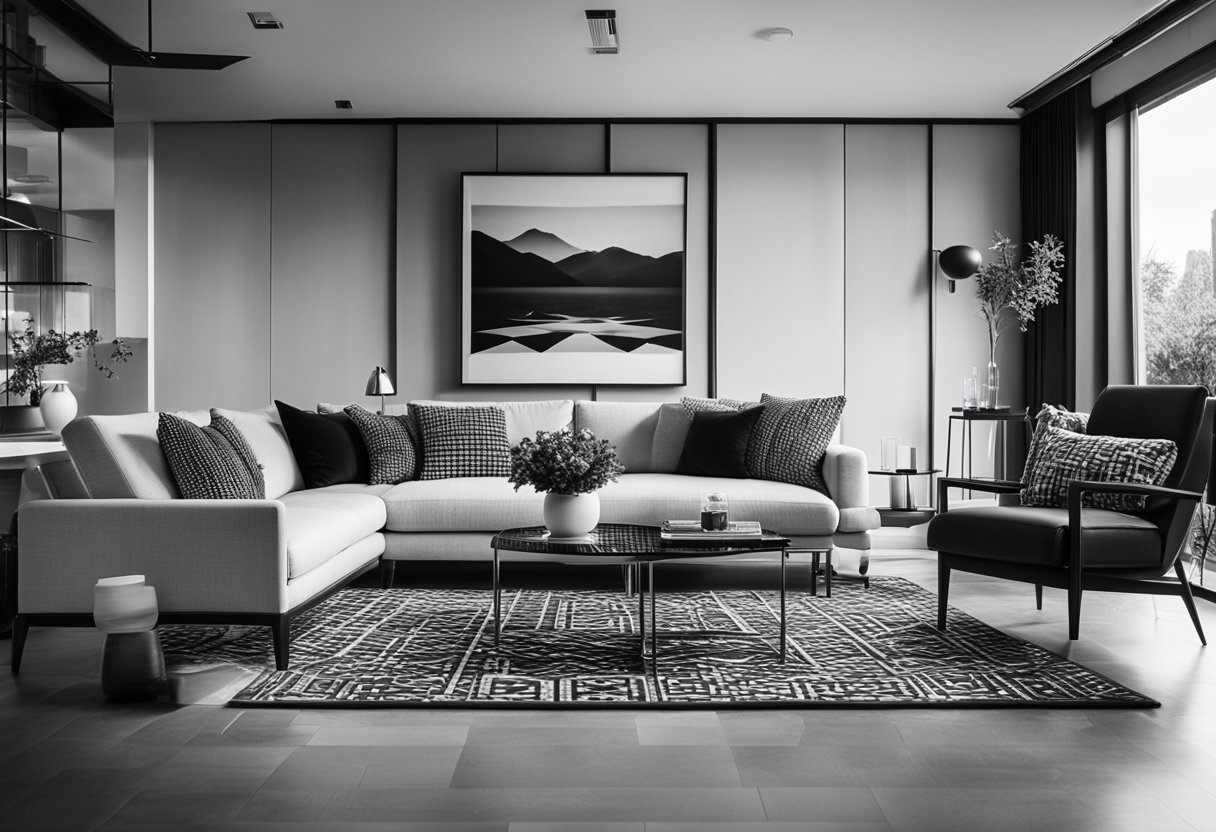 A modern black and white living room with sleek furniture and geometric patterns