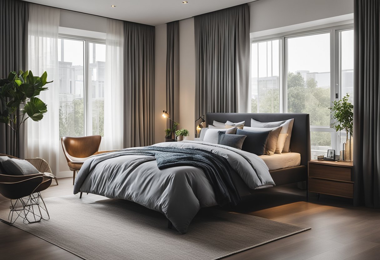 A bedroom with a modern bed and large windows, showcasing the latest curtain designs