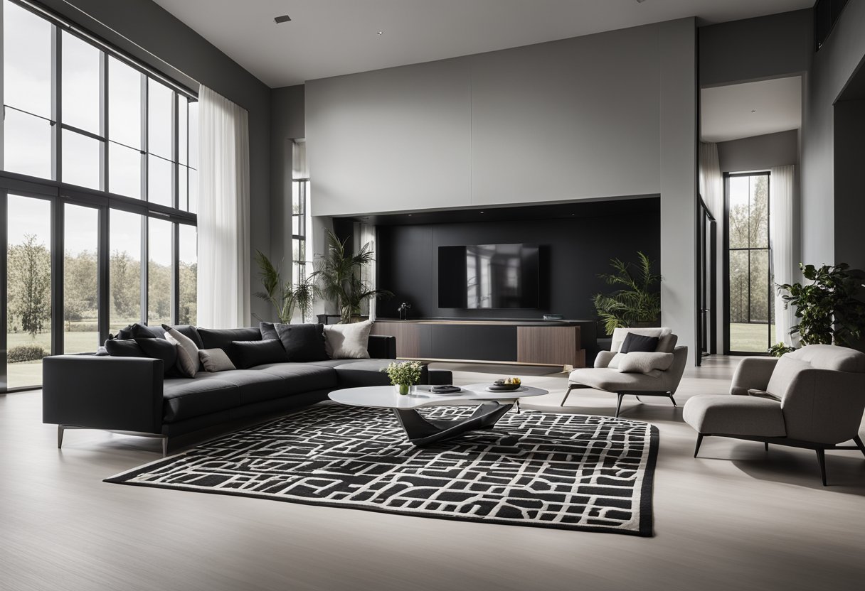 A spacious living room with sleek black and white furniture, a large geometric rug, and minimalistic decor. Large windows let in natural light, casting dramatic shadows on the monochromatic space