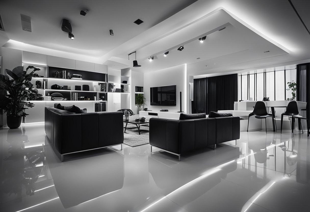 A bold, modern black and white living room with dramatic lighting and unique furniture pieces