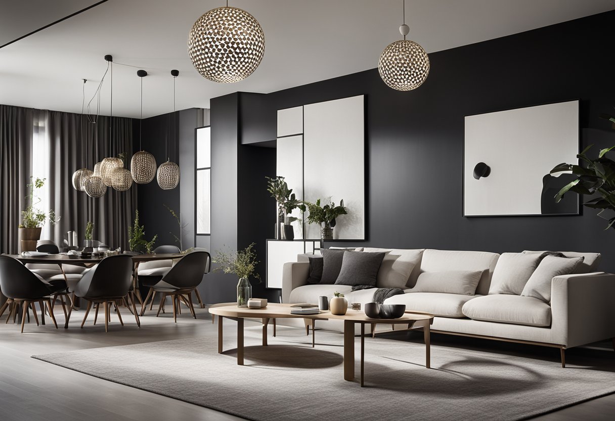 A minimalist living room with clean lines, monochromatic furniture, and geometric patterns. A large, statement light fixture hangs from the ceiling, casting dramatic shadows