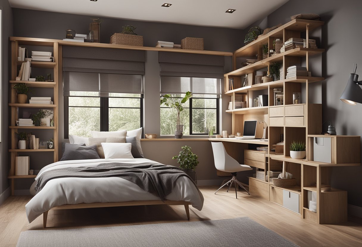 A loft bed sits in a cozy bedroom, surrounded by shelves and a small desk. The room is filled with natural light and features modern, minimalist decor