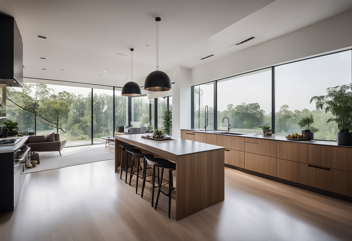 The modern duplex house interior features clean lines, open spaces, and minimalist furniture. Large windows allow natural light to fill the room, highlighting the sleek, contemporary design