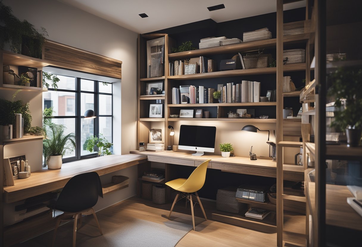 A loft bed sits above a cozy study nook, with built-in shelves and a sleek desk. The space-saving design maximizes the room's functionality and modern aesthetic