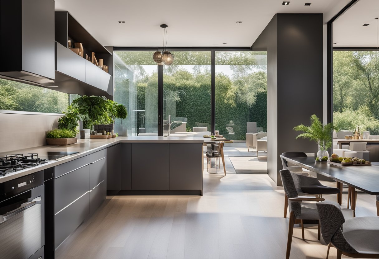 A spacious, open-plan living area with sleek, minimalist furniture and large windows overlooking a landscaped garden. A contemporary kitchen with state-of-the-art appliances and a stylish dining area completes the modern duplex interior