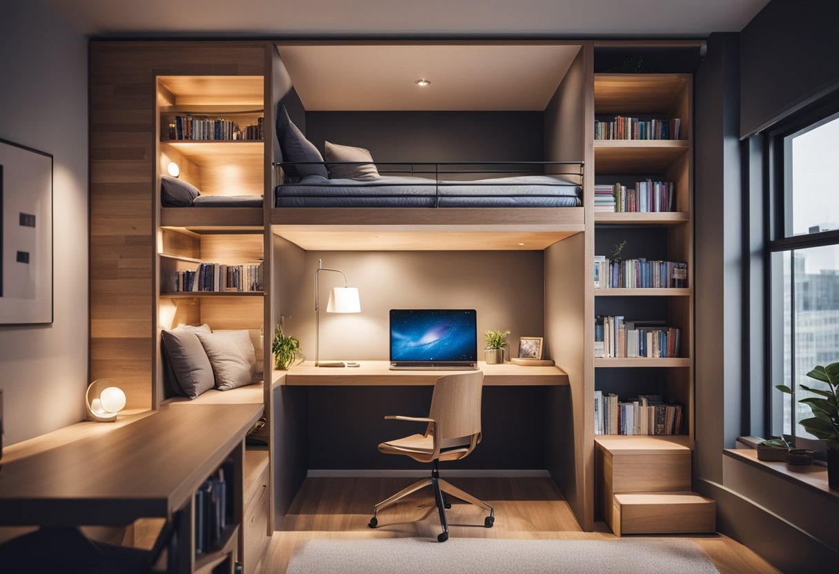 A loft bed with a modern design, surrounded by shelves and storage units. Bright lighting and a cozy reading nook complete the space