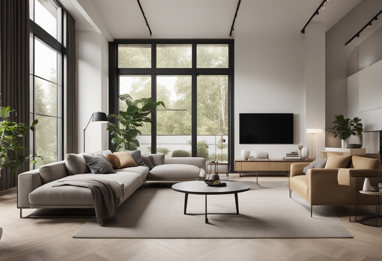 A spacious modern duplex living room with minimalist furniture, neutral color palette, and large windows allowing natural light to fill the space