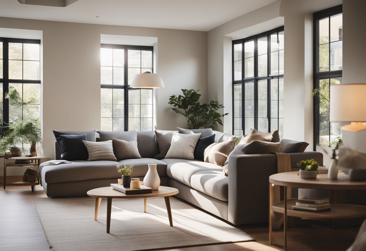 A cozy living room with a minimalist sofa, small coffee table, and built-in shelving. Natural light streams in through large windows, illuminating the space