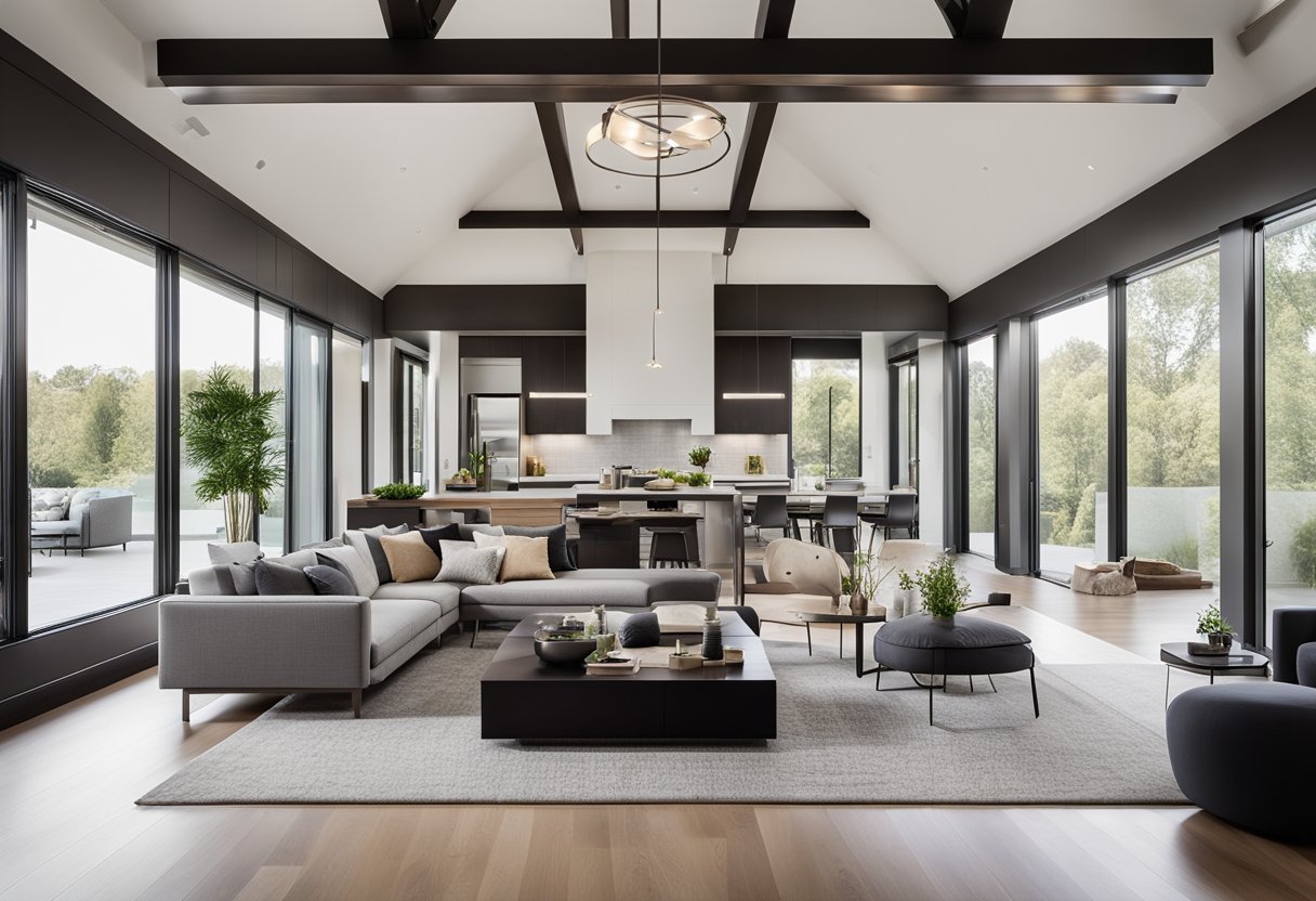 A modern American living room with open floor plan, minimalistic furniture, and large windows allowing natural light to fill the space