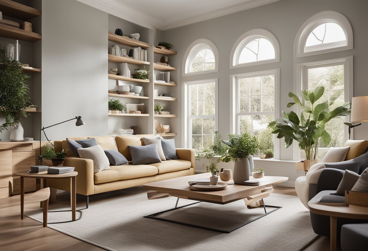 A cozy living room with multi-functional furniture, built-in storage, and clever use of space. A neutral color palette with pops of color and natural light streaming in through large windows