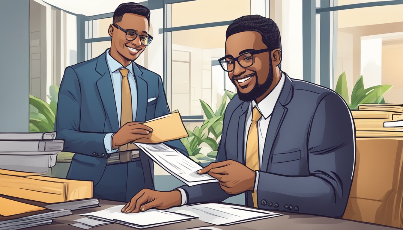 A government official signs a loan agreement with a new business owner. The official hands over a check while the entrepreneur looks on with a hopeful expression