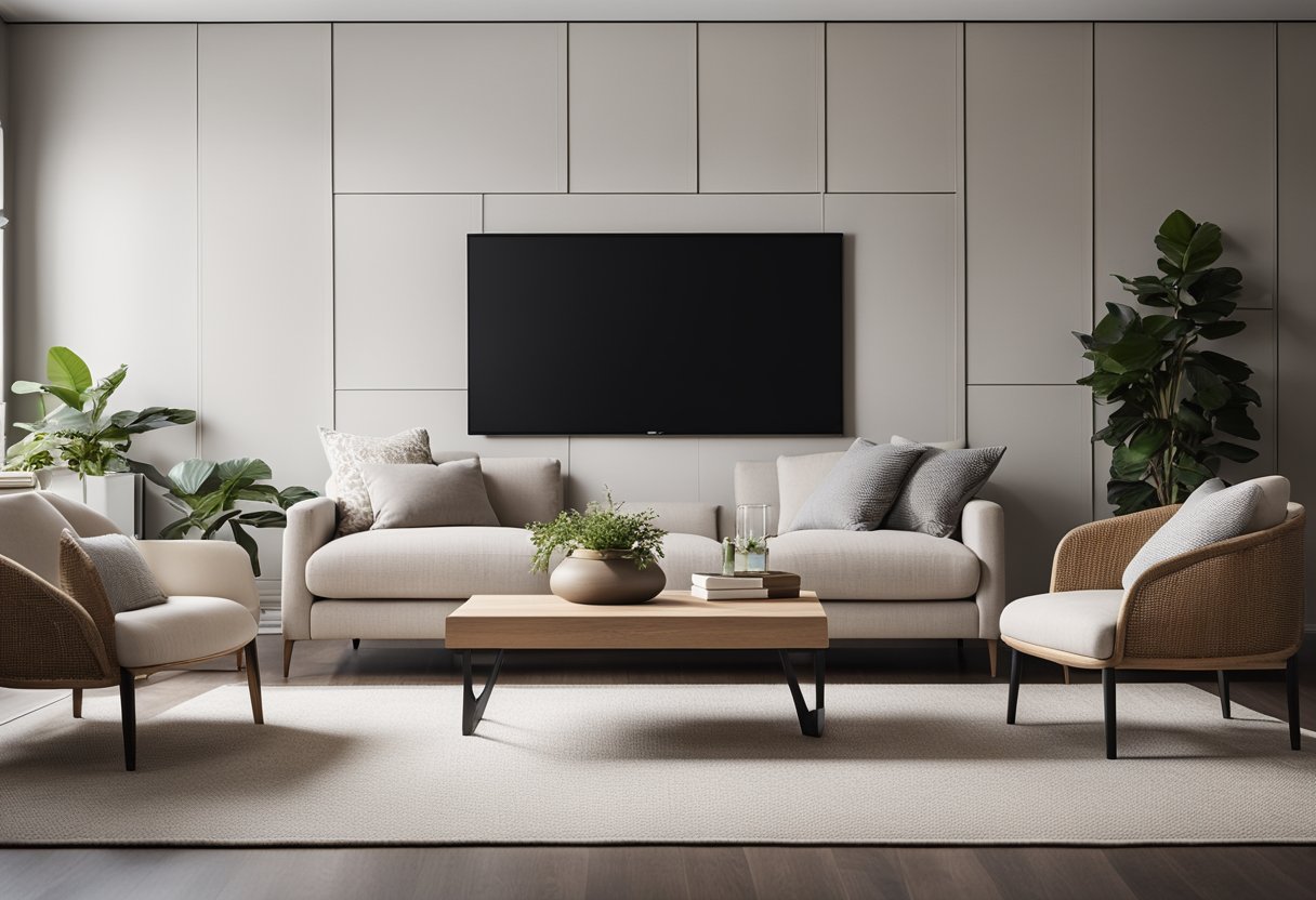 A cozy living room with a sleek, space-saving layout. Minimalist furniture, clever storage solutions, and a neutral color palette create a modern, inviting atmosphere