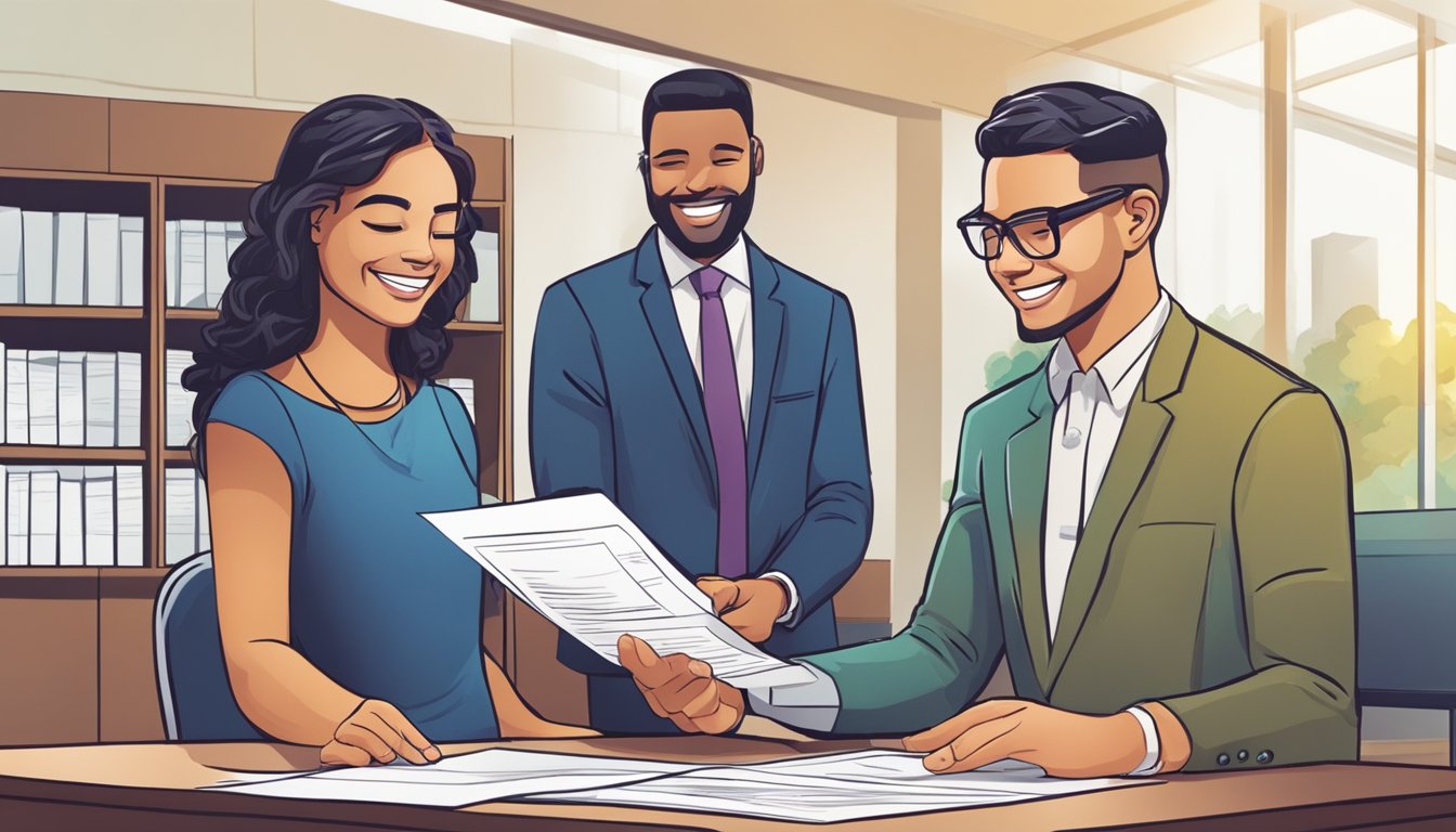 A person signing paperwork at a government office, receiving a loan for a new business venture. The official hands over a check, while the recipient looks excited and hopeful for the future