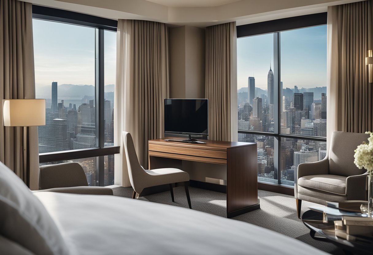 A spacious luxury hotel bedroom with a king-sized bed, plush bedding, elegant furniture, and a stunning city view from the floor-to-ceiling windows