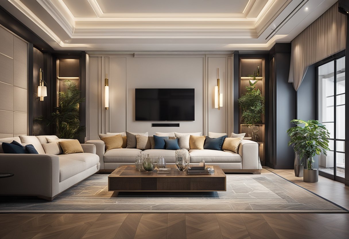 A spacious living room with a modern, coffered ceiling design featuring intricate geometric patterns and recessed lighting