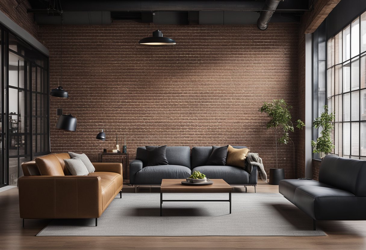 A sleek, minimalist living room with exposed brick walls, metal accents, and clean lines. A mix of industrial and modern furniture creates a stylish, functional space