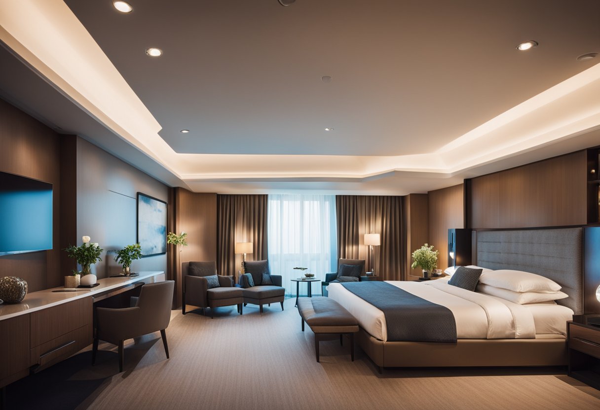 Elegant hotel bedroom with plush bedding, modern furnishings, and soft lighting