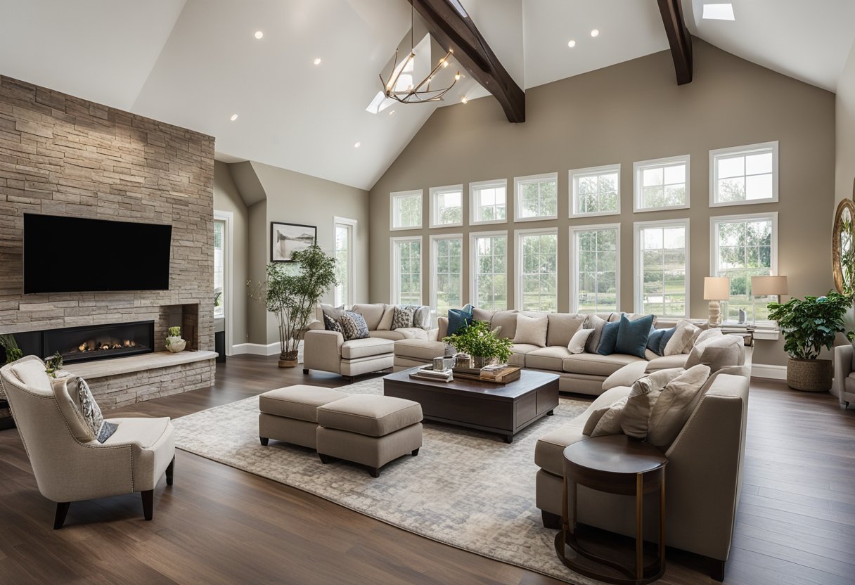 A spacious living room with a high, vaulted ceiling. Various design options, such as coffered, tray, or beam ceilings, are being considered