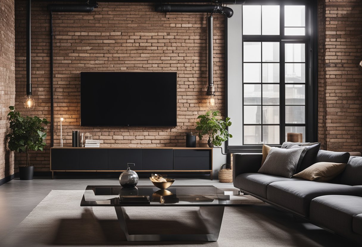 A modern living room with sleek furniture, clean lines, and minimalistic decor contrasts with an industrial space featuring exposed brick walls, metal accents, and vintage lighting