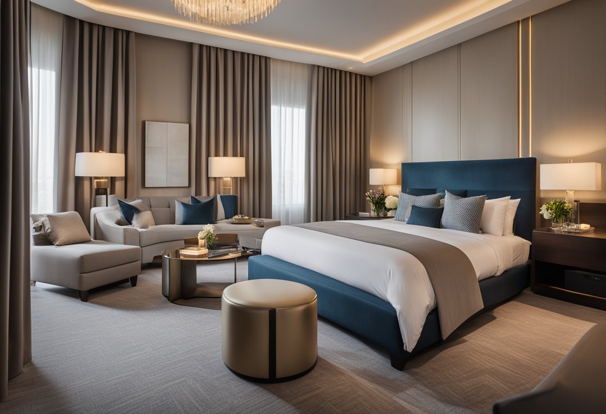 A luxurious hotel bedroom with elegant furnishings, plush bedding, and soft lighting. A spacious layout with modern amenities and a serene color palette