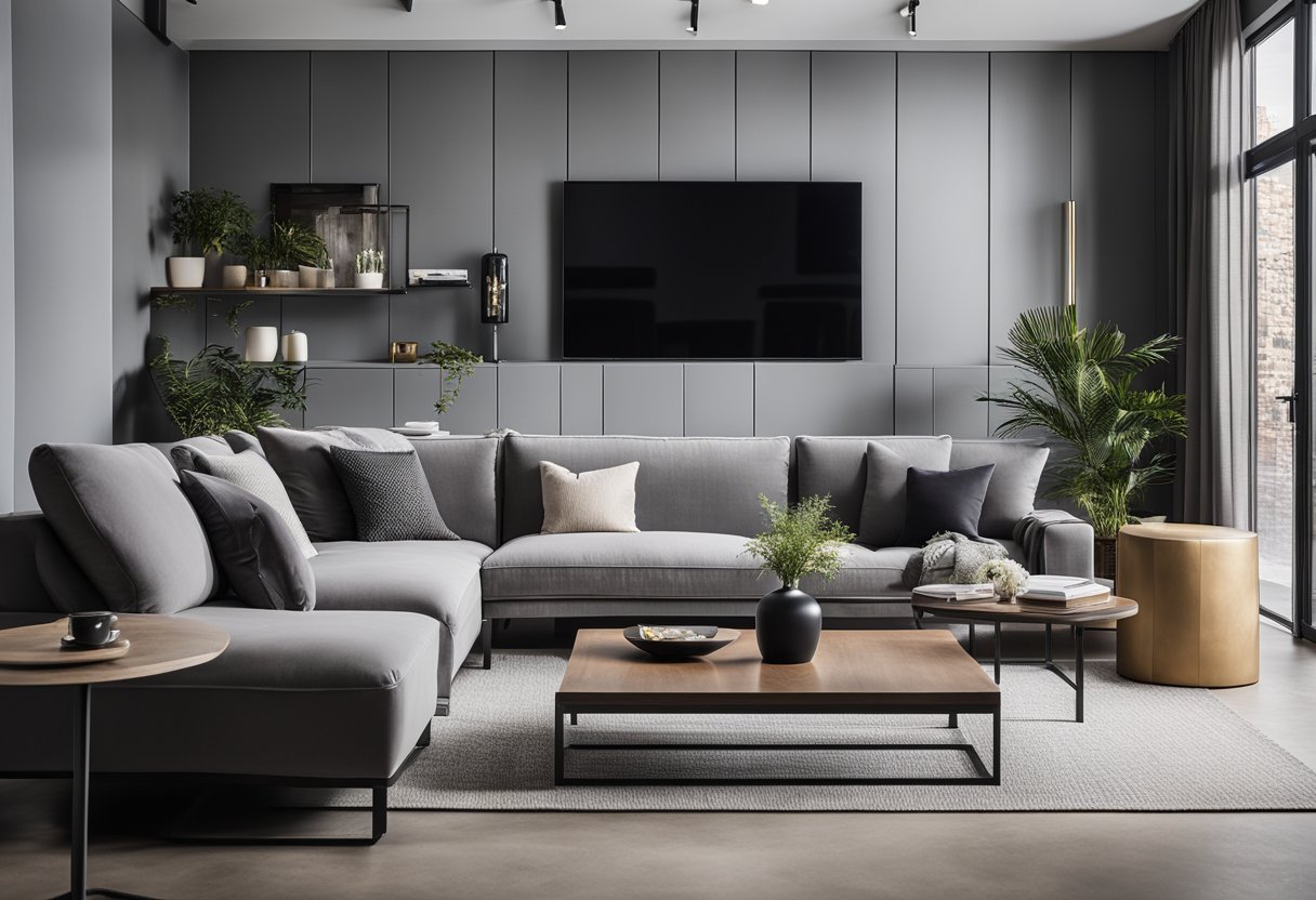 A sleek, minimalist living room with clean lines, exposed metal elements, and a mix of modern and industrial furniture