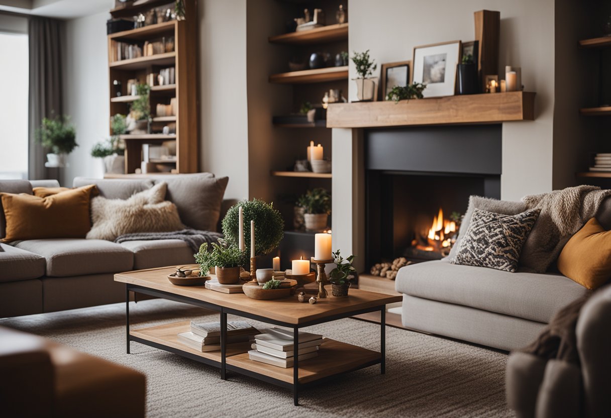 A warm fireplace flickers in a cozy living room, surrounded by plush sofas, soft throw blankets, and shelves filled with books and knick-knacks