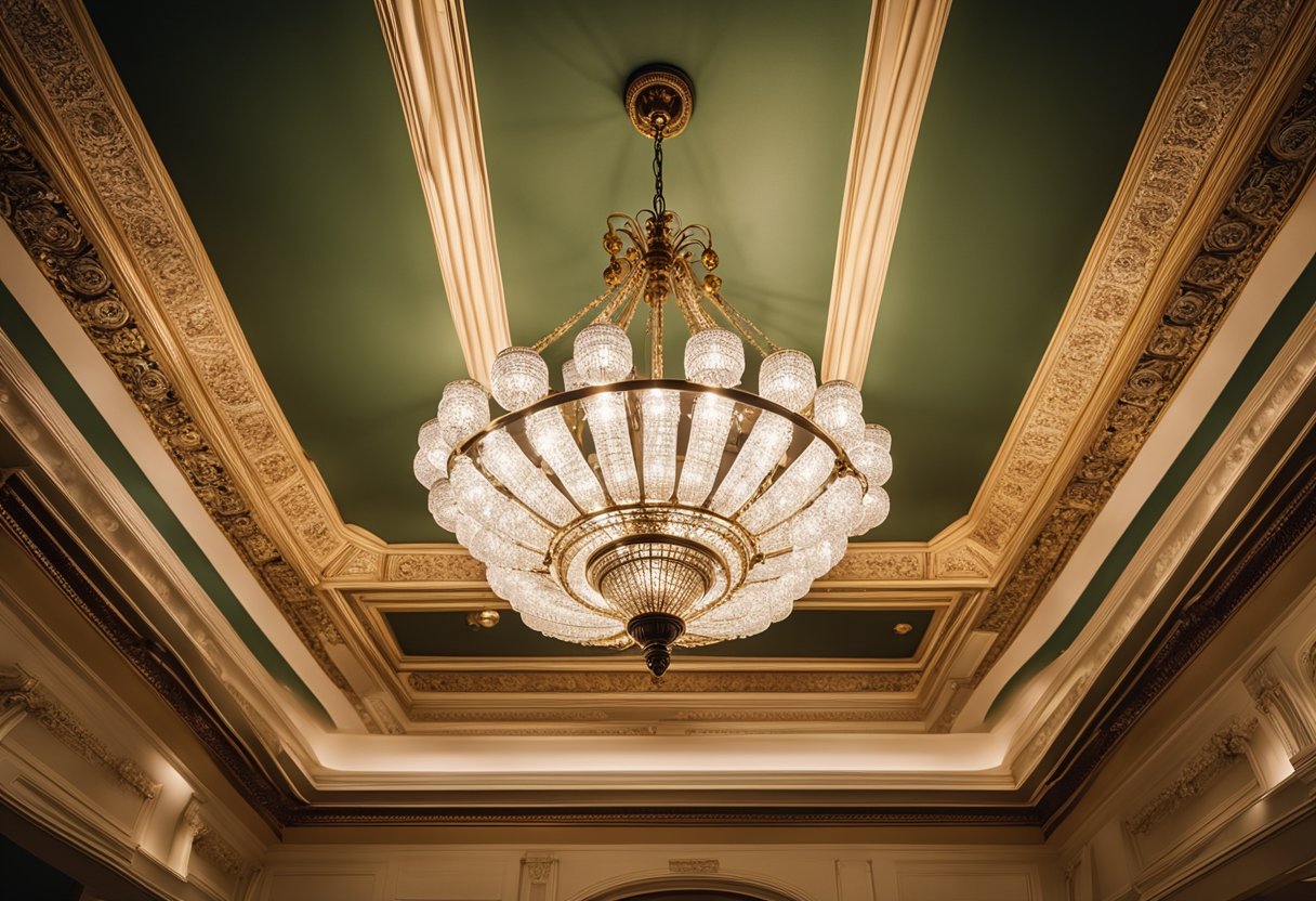 A grand chandelier hangs from a coffered ceiling with intricate moldings. The ceiling is adorned with luxurious wallpaper or paint, adding character and elegance to the living room