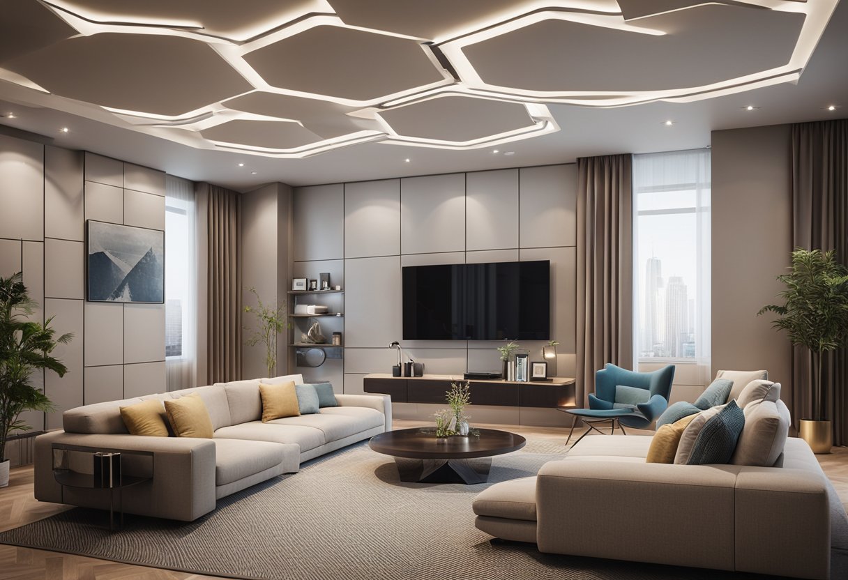 A spacious living room with a modern, minimalist ceiling design featuring recessed lighting and geometric patterns