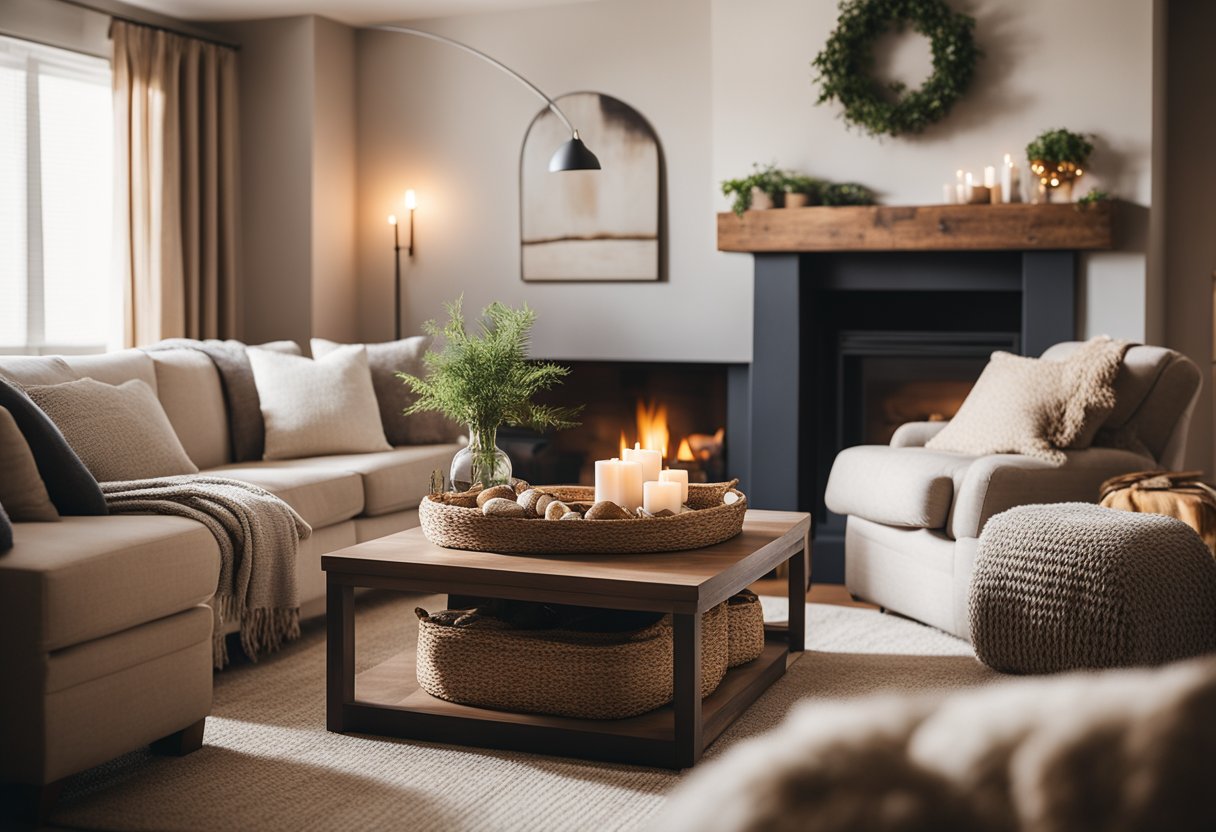 A warm, inviting living room with plush sofas, soft throw blankets, and a crackling fireplace. Sunlight streams in through the window, casting a cozy glow on the room's earthy tones and natural textures