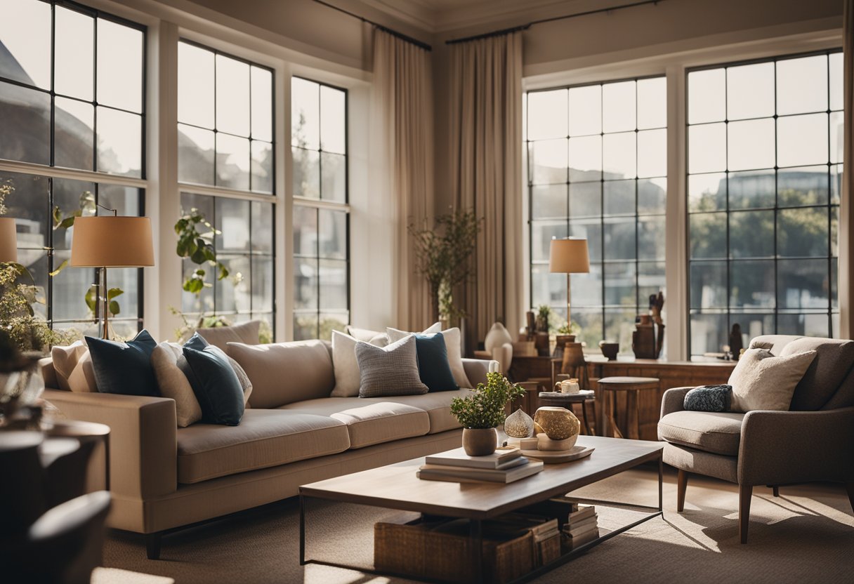 A warm, inviting living room with plush sofas, soft lighting, and a crackling fireplace. A bookshelf filled with books and decorative items adds character, while large windows let in natural light