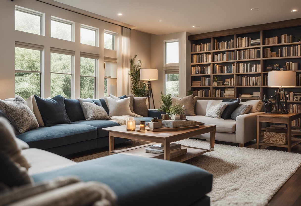 A warm, inviting living room with plush furniture, soft lighting, and a bookshelf filled with books and decorative items. A cozy rug and throw pillows add comfort to the space