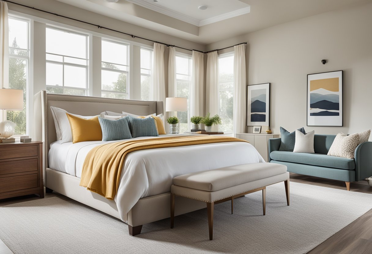 A spacious master bedroom with a king-sized bed, large windows, and a cozy reading nook. The room is decorated in soft, neutral tones with pops of color in the bedding and artwork