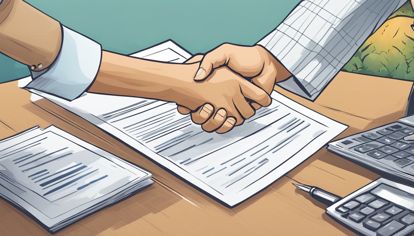 A handshake between a lender and a business owner, with a contract and keys exchanging hands