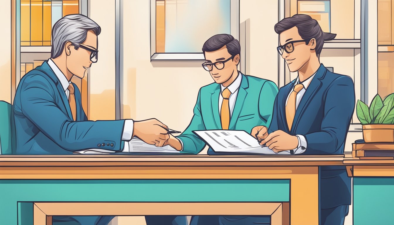 A business owner signing a loan agreement with a bank to finance the acquisition of another company