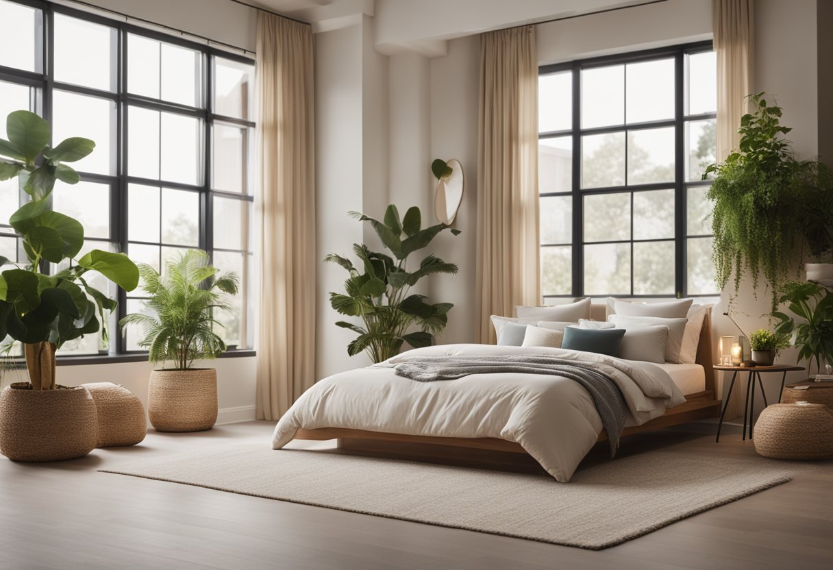 A cozy master bedroom with a plush bed, soft lighting, and neutral color palette. A large window lets in natural light, while potted plants add a touch of nature