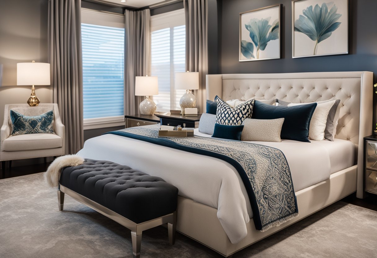 The master bedroom is adorned with elegant accessories, including decorative pillows, a cozy throw blanket, and a stylish area rug. The layout features a luxurious bed with a tufted headboard, complemented by matching nightstands and a chic dresser