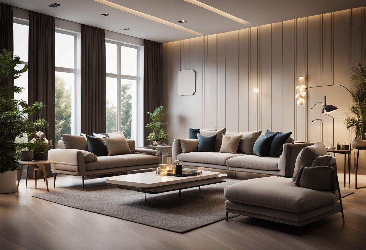A modern living room with sleek furniture, illuminated by downlights casting a warm and inviting glow