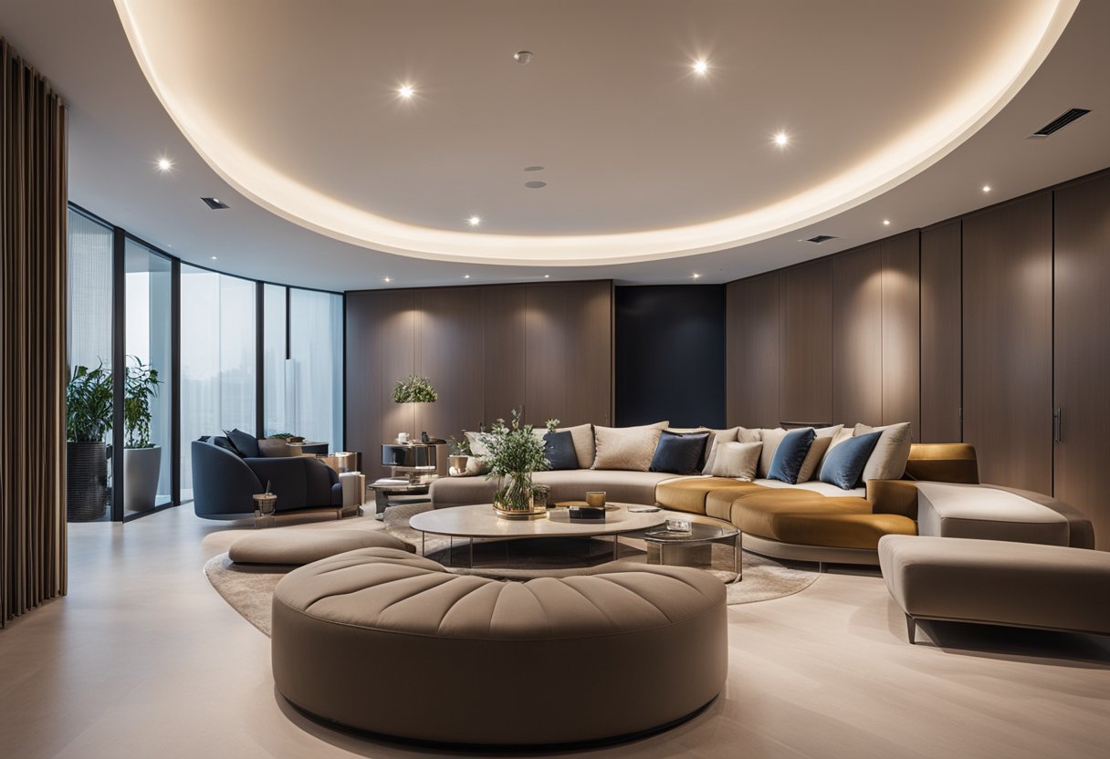 A spacious living room with recessed downlights illuminating the seating area and accentuating the decor